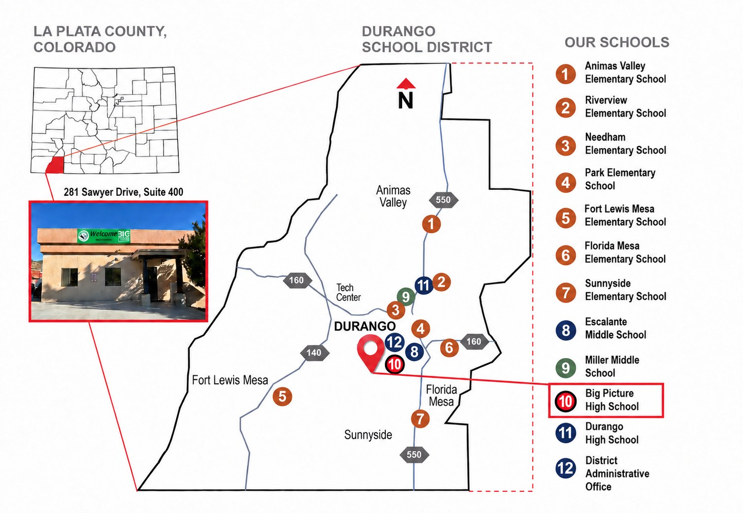Map showing the location of Durango Big Picture High School